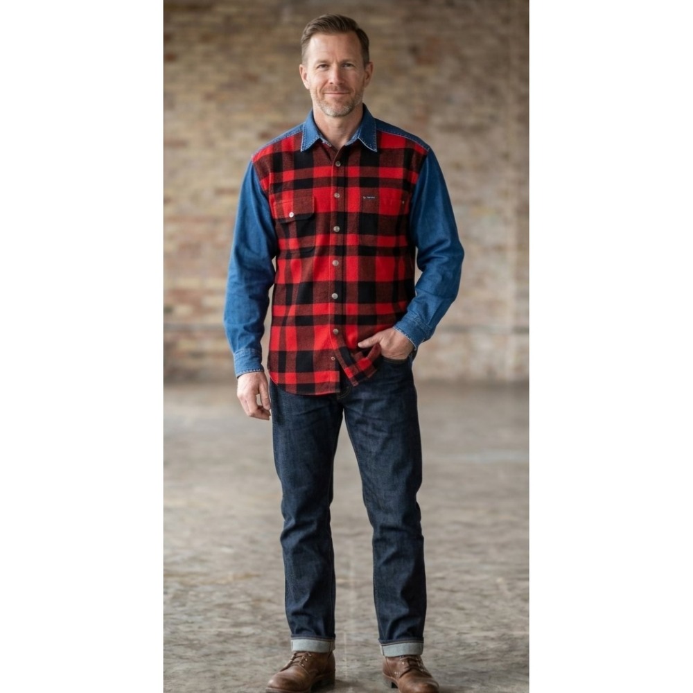 Vintage Faconnable Jeans Mens Colorblock Buffalo Check Denim Shirt Size Large